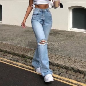 max11 COLLECTION 2022 2020 European and American hot style hot sale women denim wide-leg trousers ripped casual trousers denim flared pants