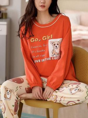 max11 COLLECTION 2022 Women Cute Dog & Letter Pattern Long Sleeve Pullover Loose Pants Pajama Set