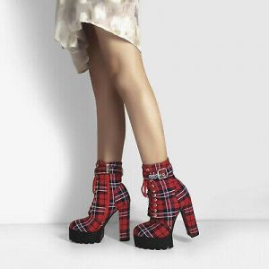 Women&#039;s Platform Ankle Boots Buckle Strap Chunky Heel Plaid Lace Up Boots Zipper