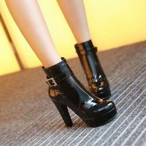 Womens Round Toe Buckle Strap Ankle Boots Block High Heels Party Platform Shoes