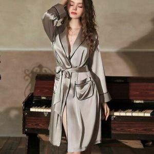 Ladies Elegant Satin Sleepwear Breathable Silk Robe Solid Patterns Nightwear New