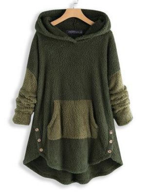 max11 SALE  Women Contrast Color Splice Irregular Hem Hooded Fleece Sweatshirt Coats